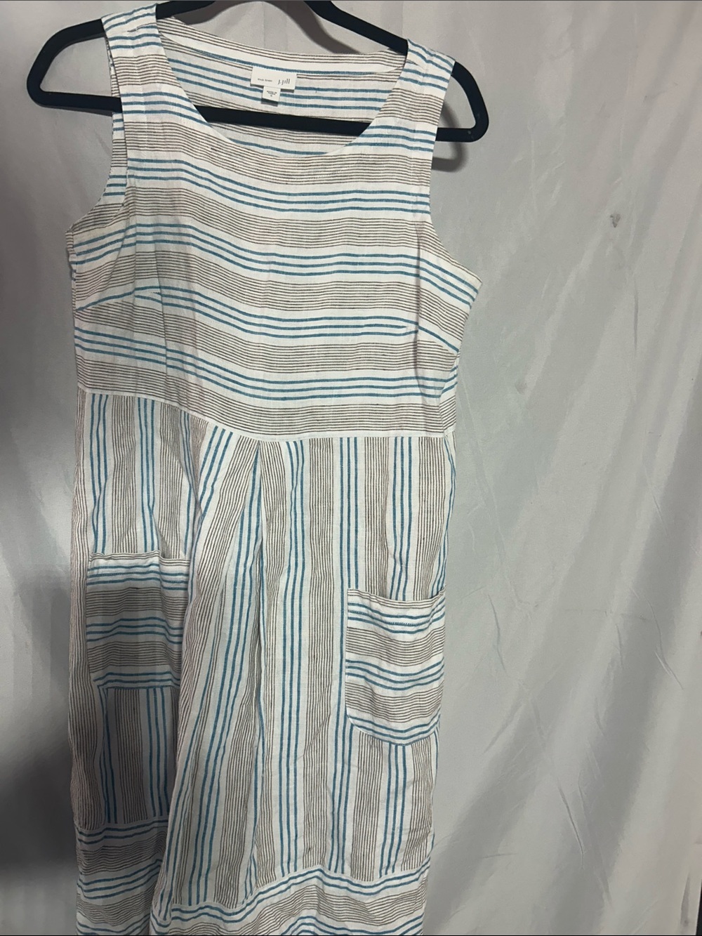 J. Jill Sleeveless Striped Linen-Blend in White, Blue & Tan dress